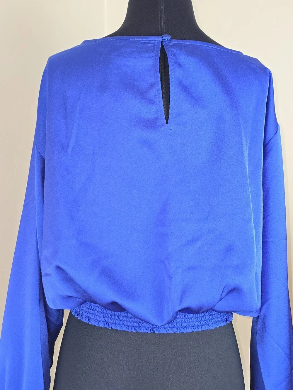 LOFT Sapphire Blue Satin Cropped Bubble Hem Long Sleeve Blouse NEW L